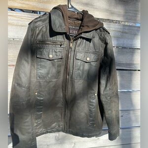 GUESS Mens Brown Hoodie Waxed Sherpa Lined Bomber Jacket Size M Pockets Classic